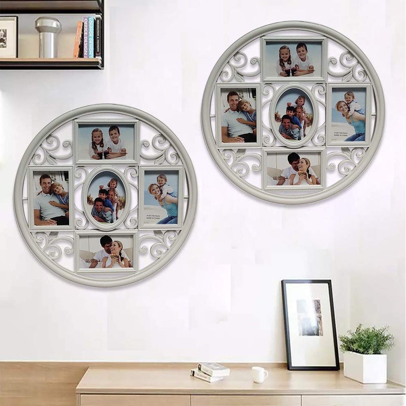 MKUN 2Pack of 4x6 Wall Photo Collage Frames - Round Circular Circle Wall Hanging Picture Collage Frame with Leaf Decoration, 5- Opening (White) - Image 5